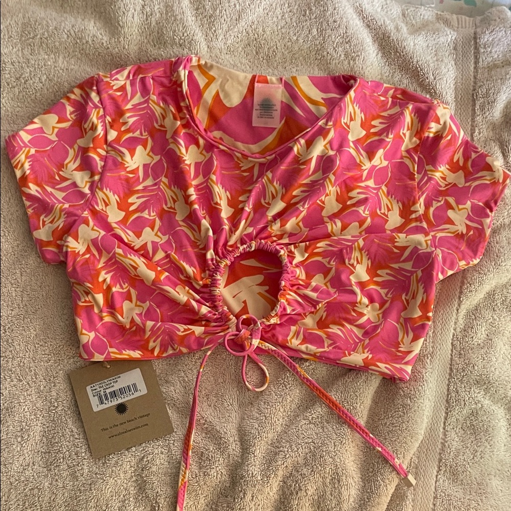 Pink Floral Ruched Crop swim Top